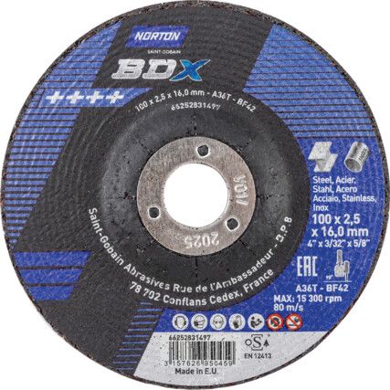 Cutting Disc, BDX, 36-Medium, 115 x 2.5 x 22.23 mm, Type 42, Aluminium Oxide