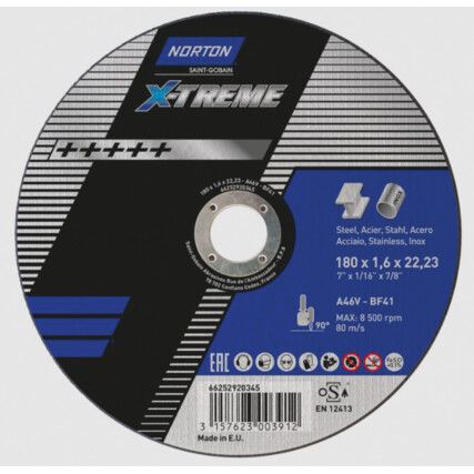 Cutting Disc, X-Treme, 36-Medium, 180 x 2 x 22.2 mm, Type 41, Aluminium Oxide