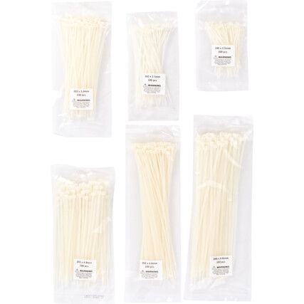 Cable Ties, Natural,  Assorted Dia. & Length (Pk-600)