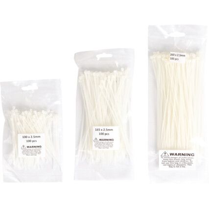 Cable Ties, Natural, 2.5mm Dia. & Assorted Length (Pk-300)
