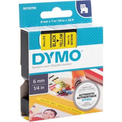 DYMO D1 TAPE 6mm BLACK ON YELLOW 43618