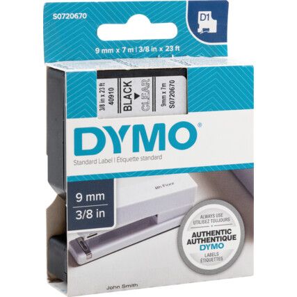 DYMO D1 TAPE 9mm BLACK ON CLEAR 40910