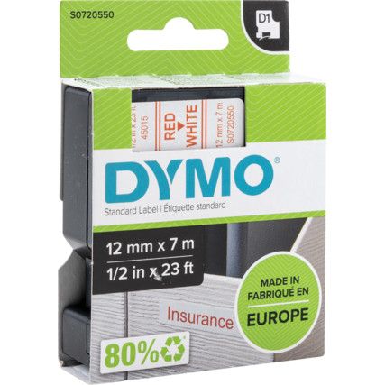 DYMO D1 TAPE 12mm RED ON WHITE 45015