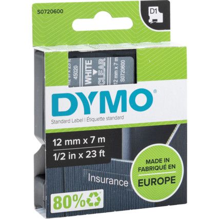 DYMO D1 TAPE 12mm WHITE ON CLEAR 45020