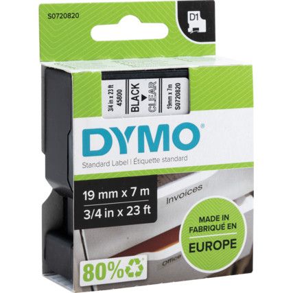 DYMO D1 TAPE 19mm BLACK ON CLEAR 45800