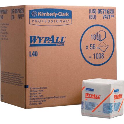 L40, Wiper Cloths, White, Single Ply, Pack of 18