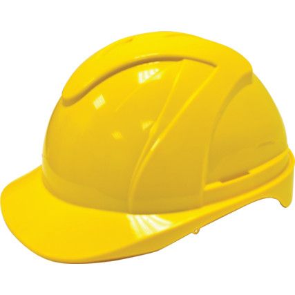 Safety Helmet, Yellow, ABS, Vented, Standard Peak, Includes Side Slots