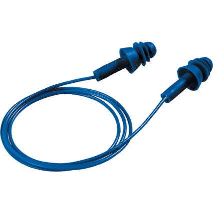 Whisper+, Reusable Ear Plugs, Corded, Detectable, Triple Flange, 27dB, Blue, Pk-50 Pairs