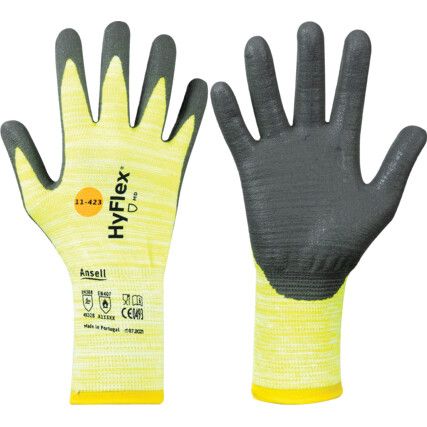 11-423 HyFlex Cut Resistant Gloves, Grey/Yellow, EN388: 2016, 4, X, 3, 2, B, Nitrile Palm, Techcor Liner, Size 9