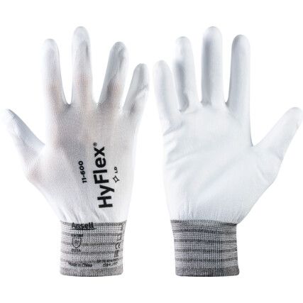 11-600 HyFlex® Mechanical Hazard Gloves, White, Nylon Liner, Polyurethane Coating, EN388: 2016, 3, 1, 2, 1, A, Size 7