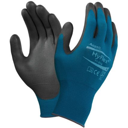 11-616 HyFlex® Mechanical Hazard Gloves, Black/Blue, Nylon Liner, Polyurethane Coating, EN388: 2016, 3, 1, 2, 1, X, Size 6