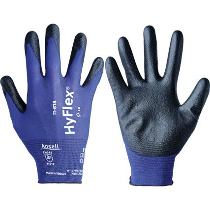 11-618 HyFlex® Ultralite Mechanical Hazard Gloves, Black/Blue, Nylon Liner, Polyurethane Coating, EN388: 2016, 3, 1, 2, 1, X, Size 6