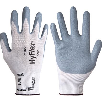 11-800 HyFlex® Mechanical Hazard Gloves, Grey/White, Nylon Liner, Nitrile Coating, EN388: 2016, 3, 1, 3, 1, A, Size 6