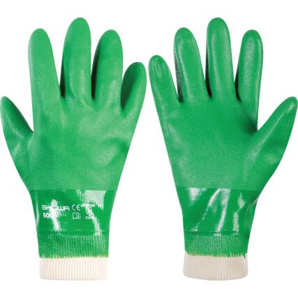600, General Handling Gloves, Green, PVC Coating, Cotton Liner, Size 9