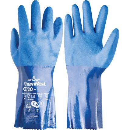 690, Chemical Resistant Gloves, Blue, PVC, Cotton Liner, Size 9