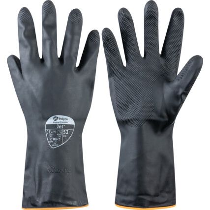 524 Jet, Chemical Resistant Gloves, Black, Rubber, Cotton Flocked Liner, Size 6-6.5
