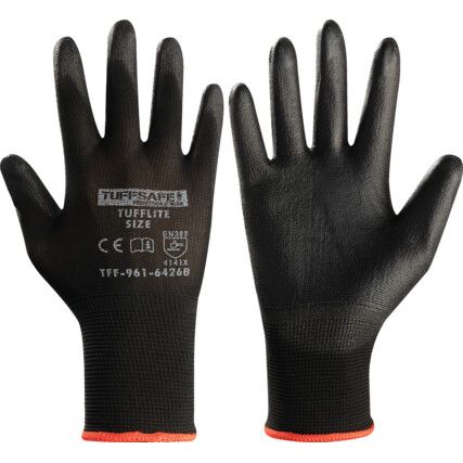 Tufflite Mechanical Hazard Gloves, Black, Nylon Liner, Polyurethane Coating, EN388: 2016, 4, 1, 4, 1, X, Size 7