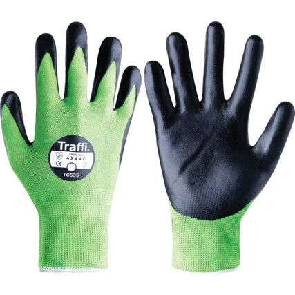 Secure, Cut Resistant Gloves, Black/Green, Nitrile Palm, Glass Fibre/Nylon, EN388: 2016, 4, X, 4, 4, C, Size 8