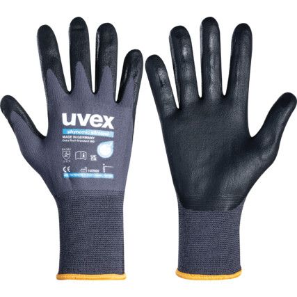 60049 Phynomic Allround Mechanical Hazard Gloves, Black/Grey, Polyamide Liner, Aqua-Polymer Foam Coating, EN388: 2016, 3, 1, 3, 1, X, Size 8