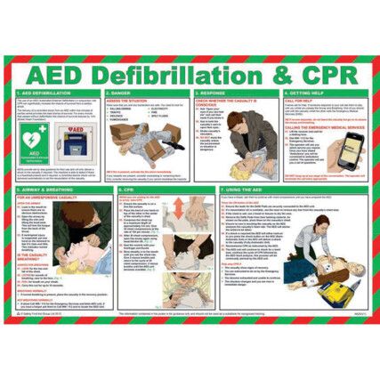 AED Defibrillation & Cpr Safety Poster Laminated 590mm x 420mm