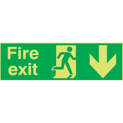 Fire Exit Arrow Down Photoluminescent Rigid PVC Sign 450mm x 150mm