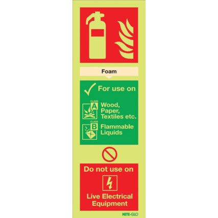 Foam Fire Extinguisher Photoluminescent Rigid PVC Sign 90mm x 280mm