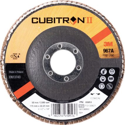 967A, Flap Disc, 65053, 115 x 22.23mm, Flat (Type 27), P80, Cubitron II Ceramic