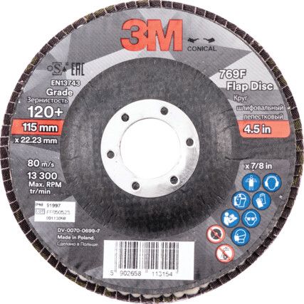 769F, Flap Disc, 51997, 115 x 22.23mm, Conical (Type 29), P120, Zirconia
