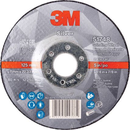 51748, Grinding Disc, Silver, 36-Medium/Coarse, 125 x 7 x 22.23 mm, Type 27, Ceramic