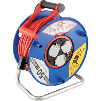 Bretec 3-way Socket Cable Reel (50m Extension Cable, Ergonomic Handle), Drum with Anti Cable Twist System - 240V