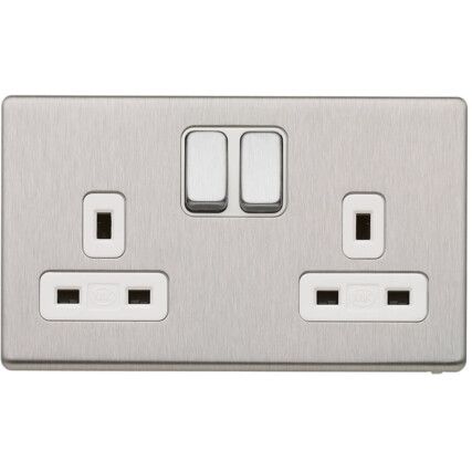 Double Socket, With Dual Earthswitches, Brushed Stainless Steel