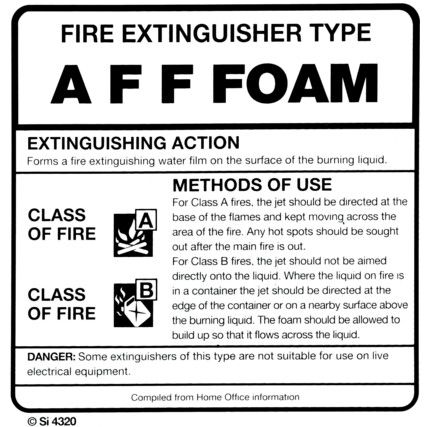 S/IL/F AFFF Foam SPRAY Extinguishant Label, Self Adhesive 140mm x 140mm