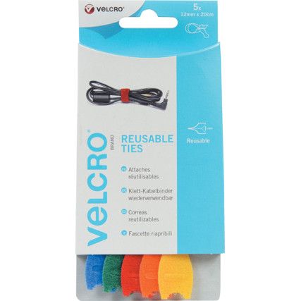 Hook and Loop Adjustable Ties, Assorted Colours, 12mm x 200mm, Pack of 5