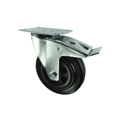 BRAKED SWIVEL PLATE 80mm RUBBER TYRE; POLY' CENTRE 