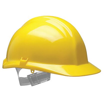 1100, Safety Helmet, Yellow, HDPE, Not Vented, Full Peak, Includes Side Slots