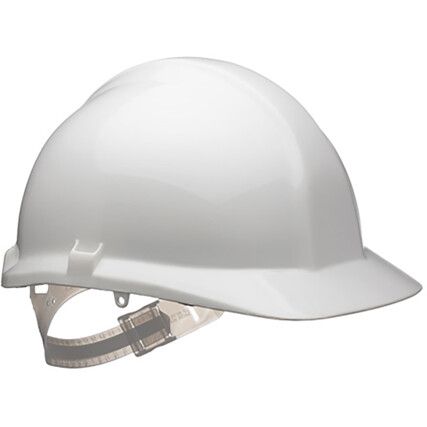 1125, Safety Helmet, White, HDPE, Not Vented, Reduced Peak, Includes Side Slots