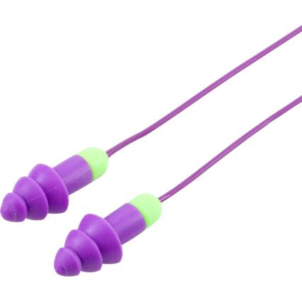 Rocket, Reusable Ear Plugs, Corded, Detectable, Triple Flange, 30dB, Green/Purple, Plastic, Pk-50 Pairs