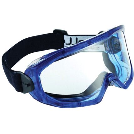 Safety Goggles, Polycarbonate, Clear Lens, PVC, Black Frame/Blue, Direct Ventilation, Scratch-resistant/UV-resistant