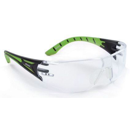 Stream, Safety Glasses, Clear Lens, Wraparound, Black/Green Frame, Anti-Fog/Scratch-resistant