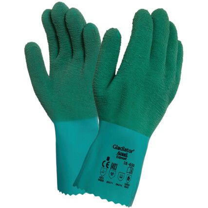 16-650 Gladiator Chemical Resistant Gloves, Green, Rubber, Interlock Cotton Liner, Size 9