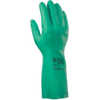 37-676 Solvex Chemical Resistant Gauntlet, Green, Nitrile, Cotton Flocked Liner, Size 8