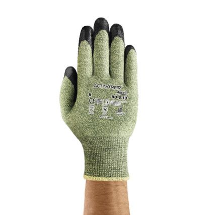 80-813 ActivArmr Cut & Heat Resistant Gloves, Black/Green, Kevlar, Neoprene Palm Coating, EN388: 2016, 2, X, 4, 2, C, Size 9