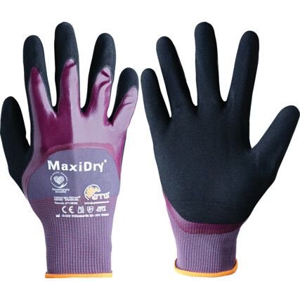 56-425 MaxiDry® Liquitech Mechanical Hazard Gloves, Black/Purple, Nylon Liner, NBR (Nitrile Butadiene Rubber) Coating, EN388: 2016, 4, 1, 2, 1, A, Size 9