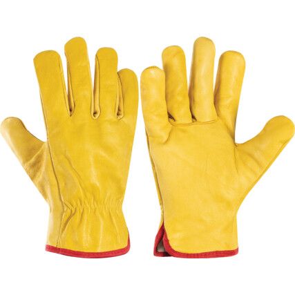 Cat I Drivers Gloves, Yellow, Leather Coating, Cotton/Fleece Lined, Size 10