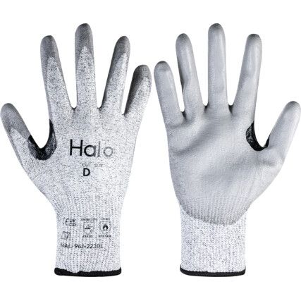 Cut Resistant Gloves, 13 Gauge Cut D, Size 10, Grey, Polyurethane Palm, EN388: 2016