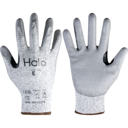 Cut Resistant Gloves, 13 Gauge Cut E, Size 9, Grey, Polyurethane Palm, EN388: 2016