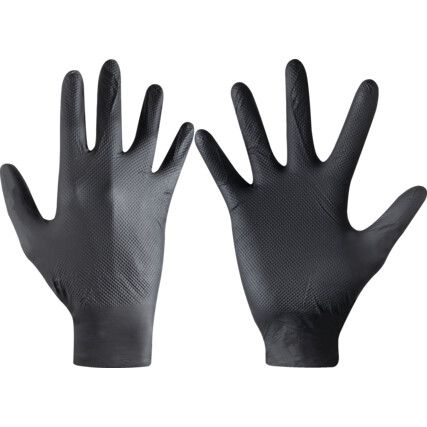 Disposable Gloves, Diamond Grip,  Black, Nitrile, Medium, Powder Free, Pack of 50, 8.3g