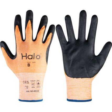 Cut Resistant Gloves, 13 Gauge Cut B, Size 10, Black & Orange, Nitrile Foam Palm, EN388: 2016