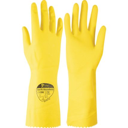 S04 Swift Household, Chemical Resistant Gloves, Yellow, Rubber, Cotton Flocked Liner, Size 6-6.5