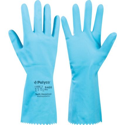 S405 Swift Household, Chemical Resistant Gloves, Blue, Rubber, Cotton Flocked Liner, Size M